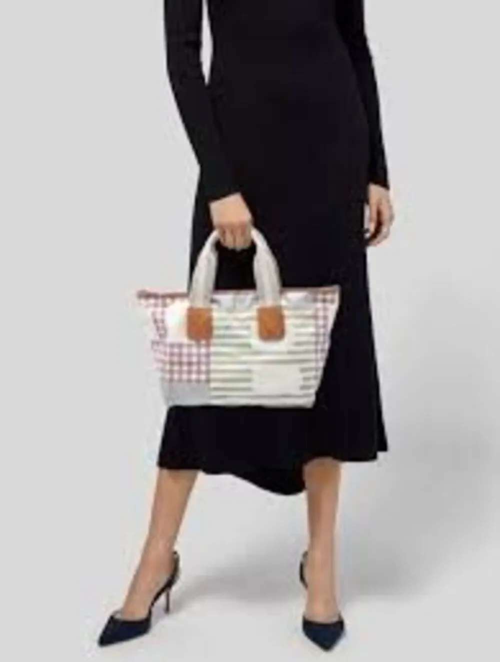 Bally Canvas Tote Bag Pastel Patchwork Plaid Handbag Preppy Coastal Stripe